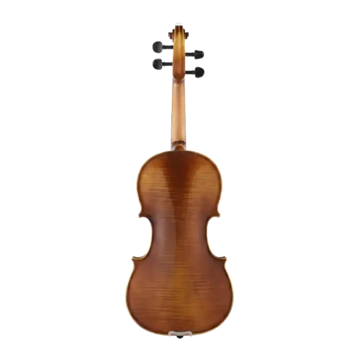 LV08 violin back view with warm amber-brown faux flame finish for violin wholesale buyers