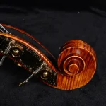 Professional double bass scroll close-up with brass tuning machines and carved flamed maple