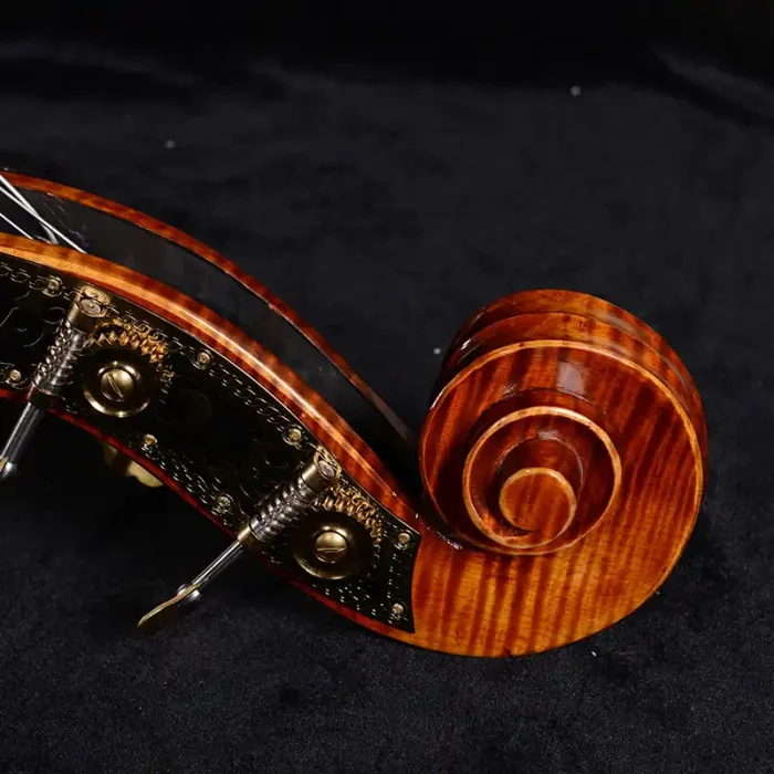 Professional double bass scroll close-up with brass tuning machines and carved flamed maple