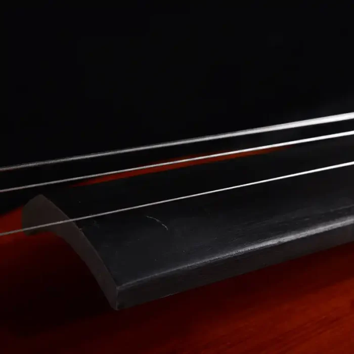 Professional double bass ebony fingerboard close-up with strings, smooth setup for orchestra