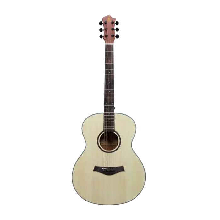 40 inch beginner acoustic guitar front view, matte natural finish, laminated spruce top, factory direct supply