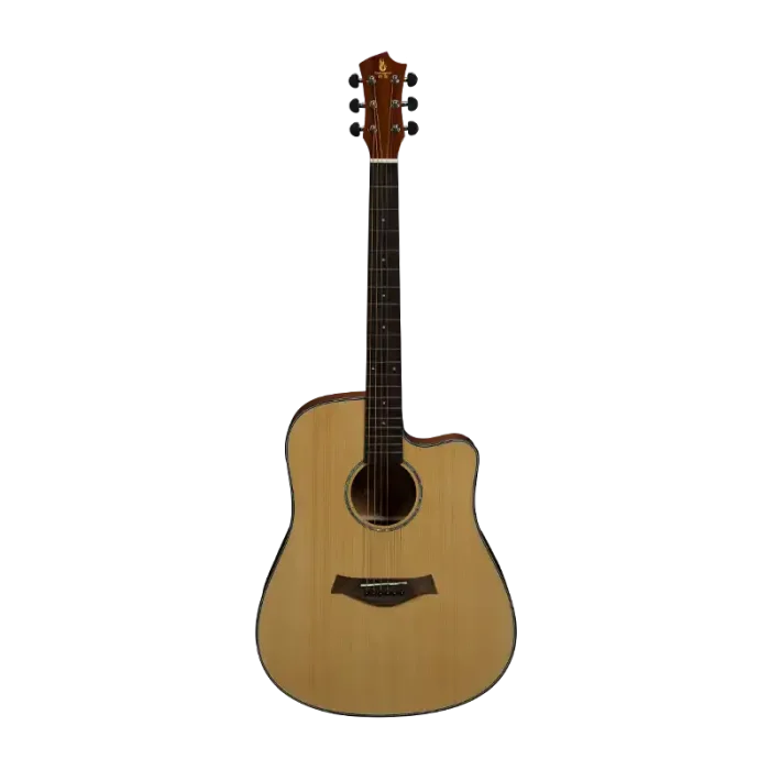 Intermediate acoustic folk guitar front view, solid spruce top, wholesale bulk supply for importers