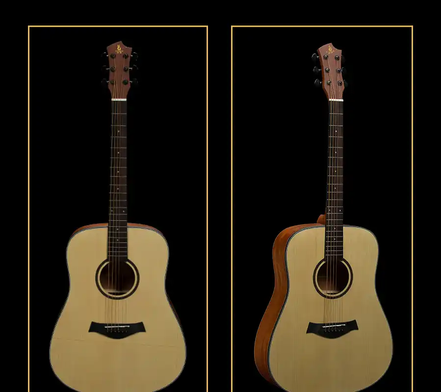 close-up of matte natural acoustic guitar top grain and finish, laminated spruce top for bulk supply