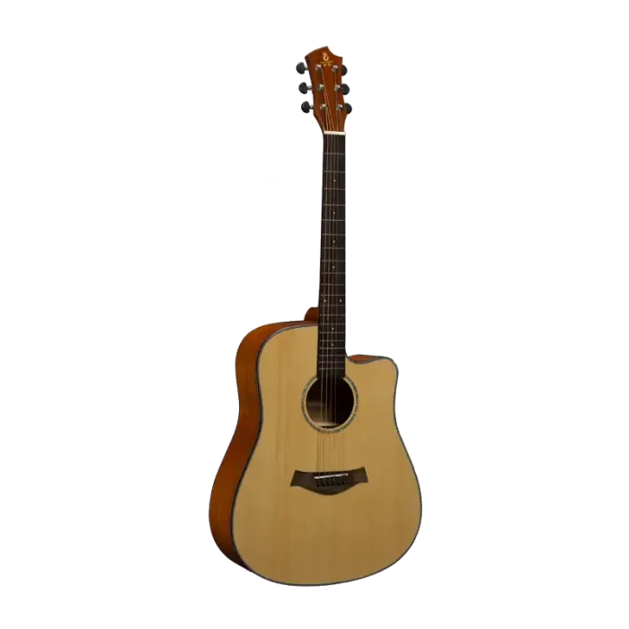 Acoustic folk guitar back view, mahogany plywood back and sides, supplier export-ready finish