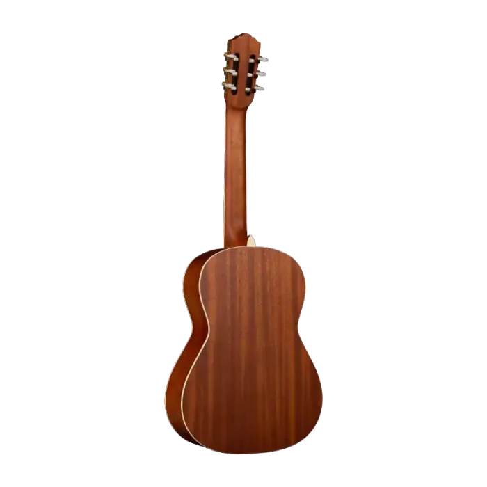 Classical guitar 3/4 back view showing laminated mahogany back and sides, ideal for wholesale distribution