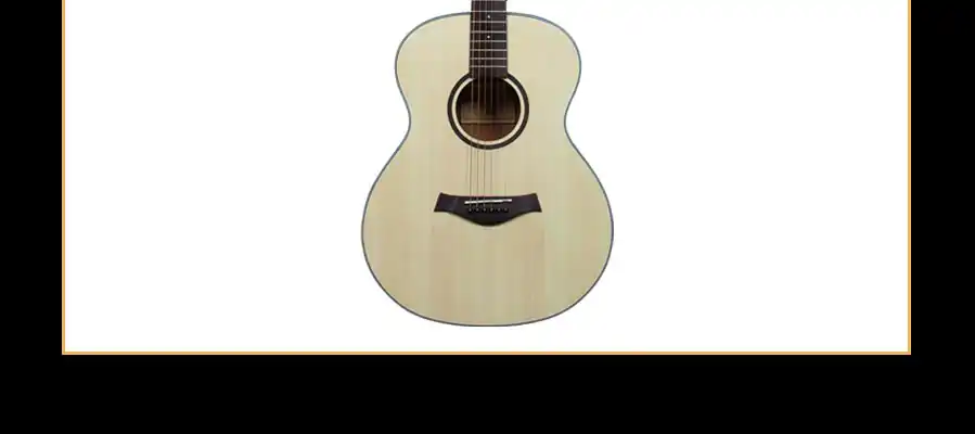 Soundhole rosette and bridge detail on beginner acoustic guitar, laminated spruce top, ready for starter kits