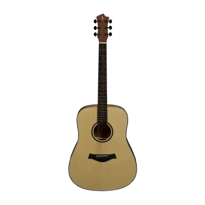 beginner acoustic guitar full front view, matte natural finish, laminated spruce top, exporter supply