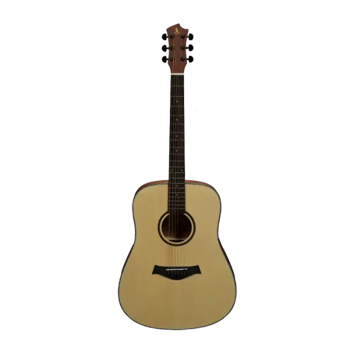 beginner acoustic guitar full front view, matte natural finish, laminated spruce top, exporter supply