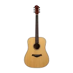 Professional acoustic guitar body close-up, natural top with rosette and bridge detail, glossy finish product image