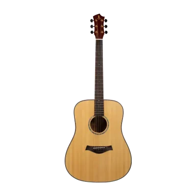 Professional acoustic guitar body close-up, natural top with rosette and bridge detail, glossy finish product image