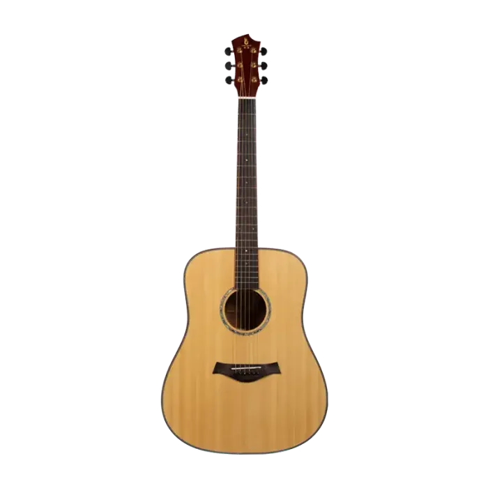Professional acoustic guitar body close-up, natural top with rosette and bridge detail, glossy finish product image