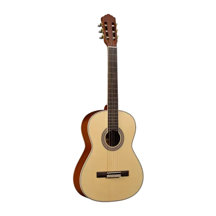 39 inch beginner classical guitar 3/4 view showing spruce top and mahogany sides, rosewood fingerboard
