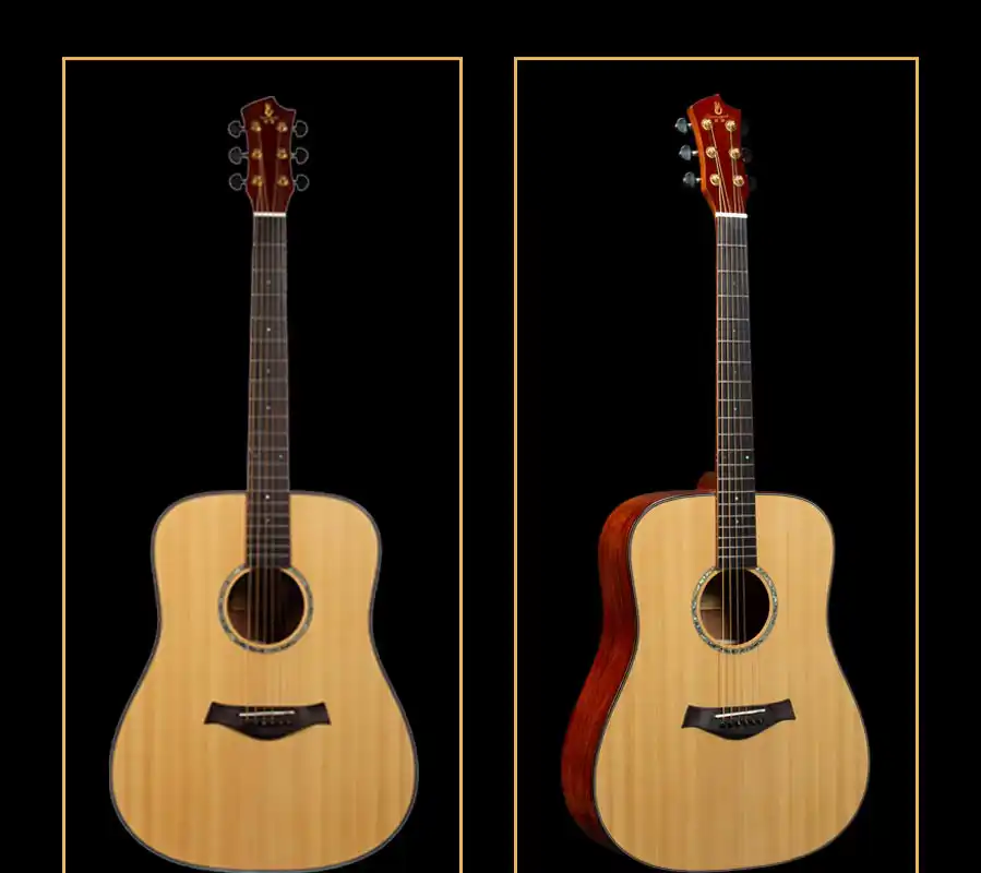 Side-by-side front views of a professional acoustic guitar, straight-on and angled shots showing glossy top and side depth