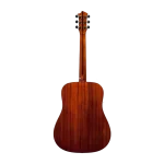 Full back view of a professional acoustic guitar, reddish-brown wood grain back with glossy finish, studio product image