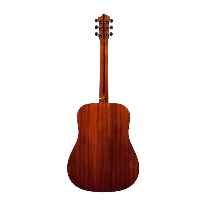 Full back view of a professional acoustic guitar, reddish-brown wood grain back with glossy finish, studio product image