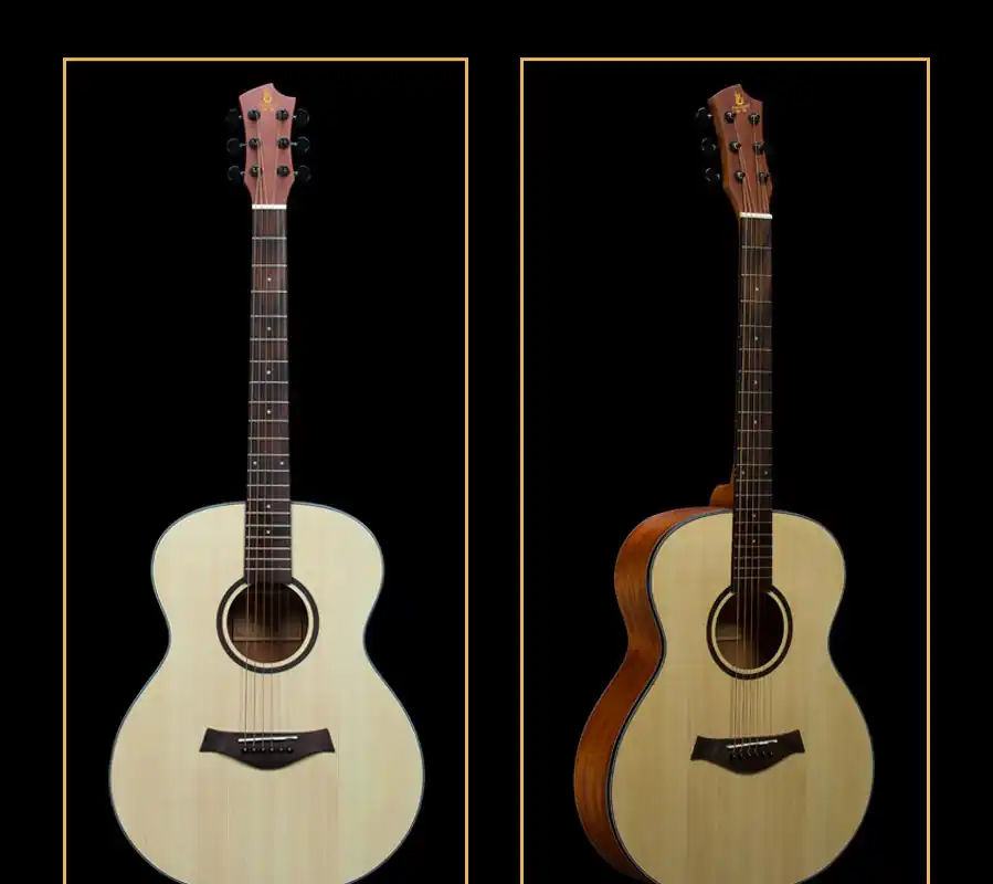3/4 angle view of beginner acoustic guitar showing matte natural top and body depth, OEM/ODM capable
