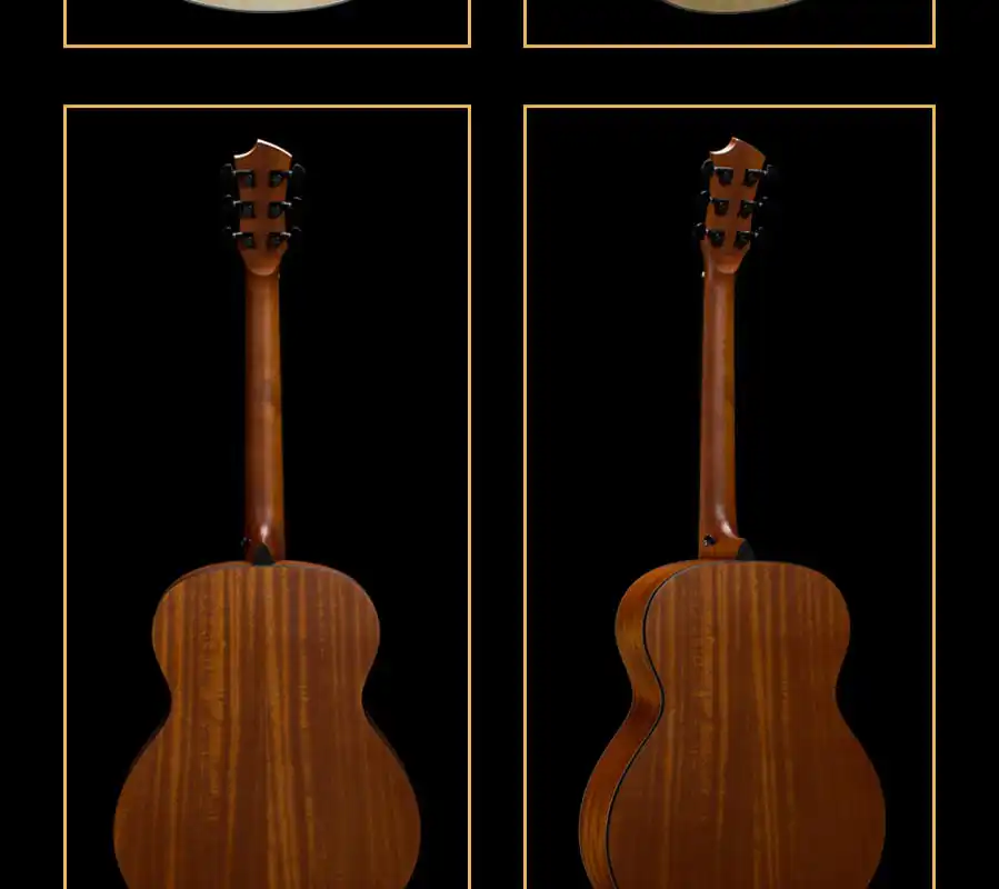 Back and side angle view of beginner acoustic guitar, mahogany plywood body, durable for bulk shipping