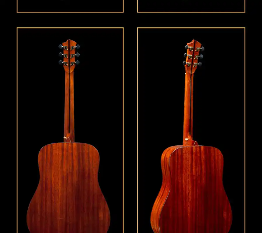 Side-by-side back views of an acoustic guitar, straight and angled shots highlighting wood grain and gloss reflection