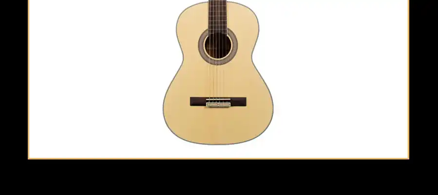 Soundhole rosette and rosewood bridge detail on laminated spruce top beginner classical guitar
