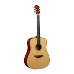 Full front view of a professional dreadnought acoustic guitar, natural top and dark fingerboard, clean product photo