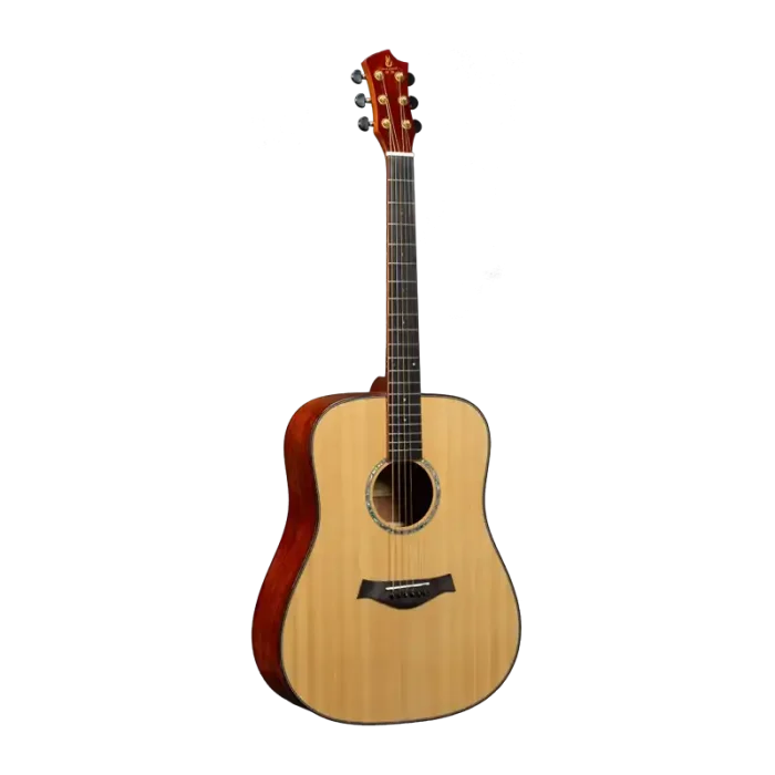 Full front view of a professional dreadnought acoustic guitar, natural top and dark fingerboard, clean product photo