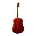 Angled back view of a professional acoustic guitar, back and sides wood grain visible in a studio product shot