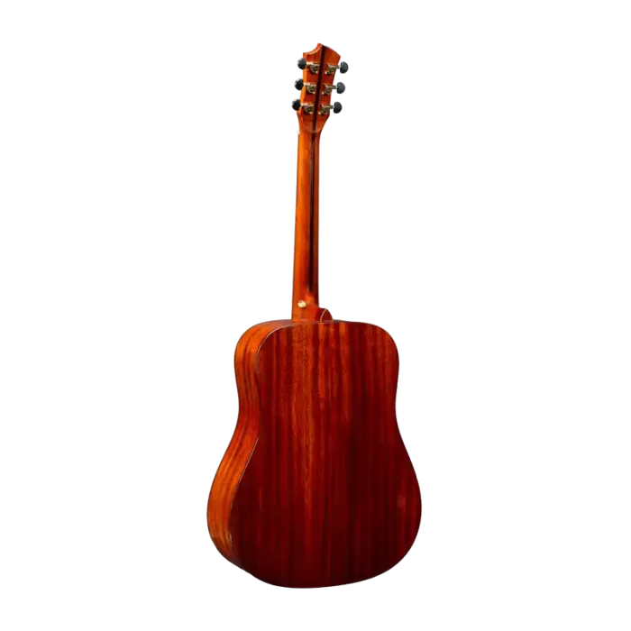 Angled back view of a professional acoustic guitar, back and sides wood grain visible in a studio product shot