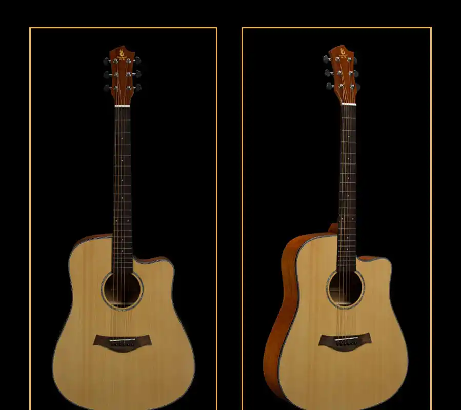 Acoustic guitar detail view, fretboard and neck finishing, manufacturer OEM production for retailers