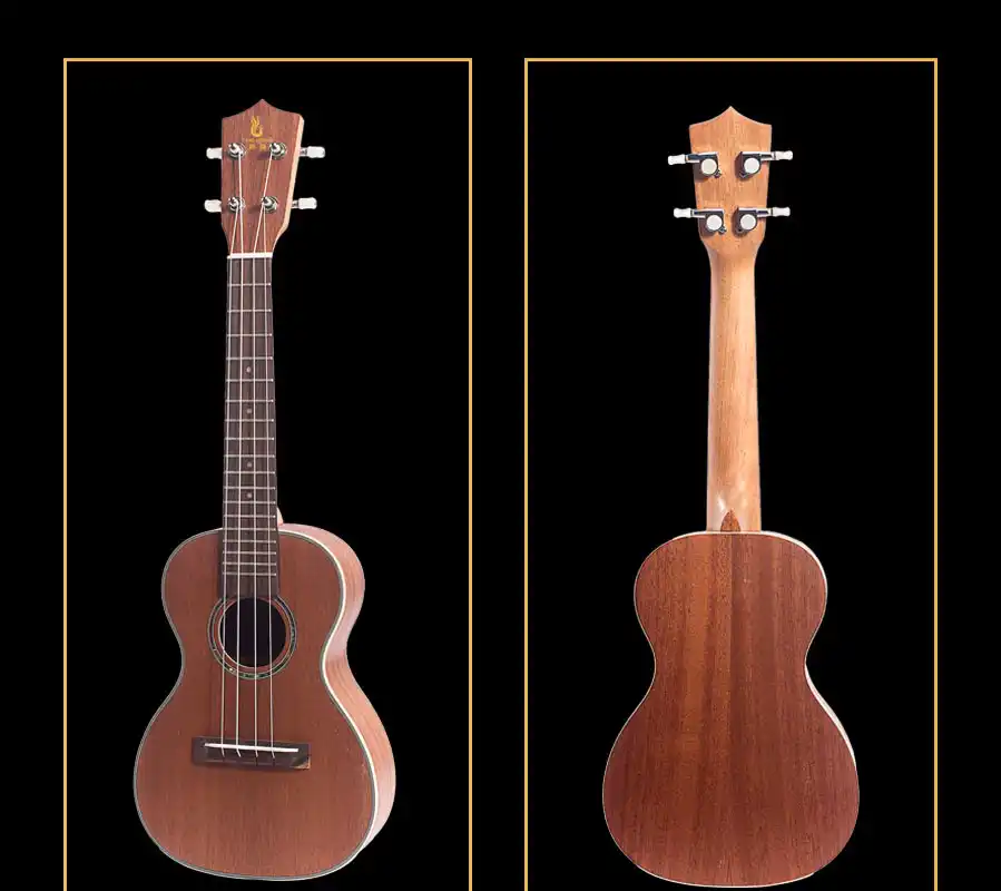 Laminated mahogany ukulele front and back views, mahogany neck, rosewood fingerboard, wholesale ready