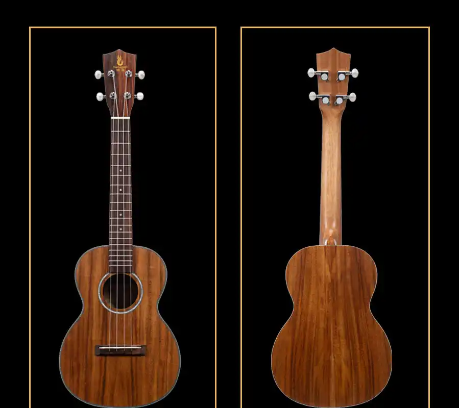 Laminated acacia ukulele body close-up with soundhole rosette and top grain, rosewood bridge, B2B importer
