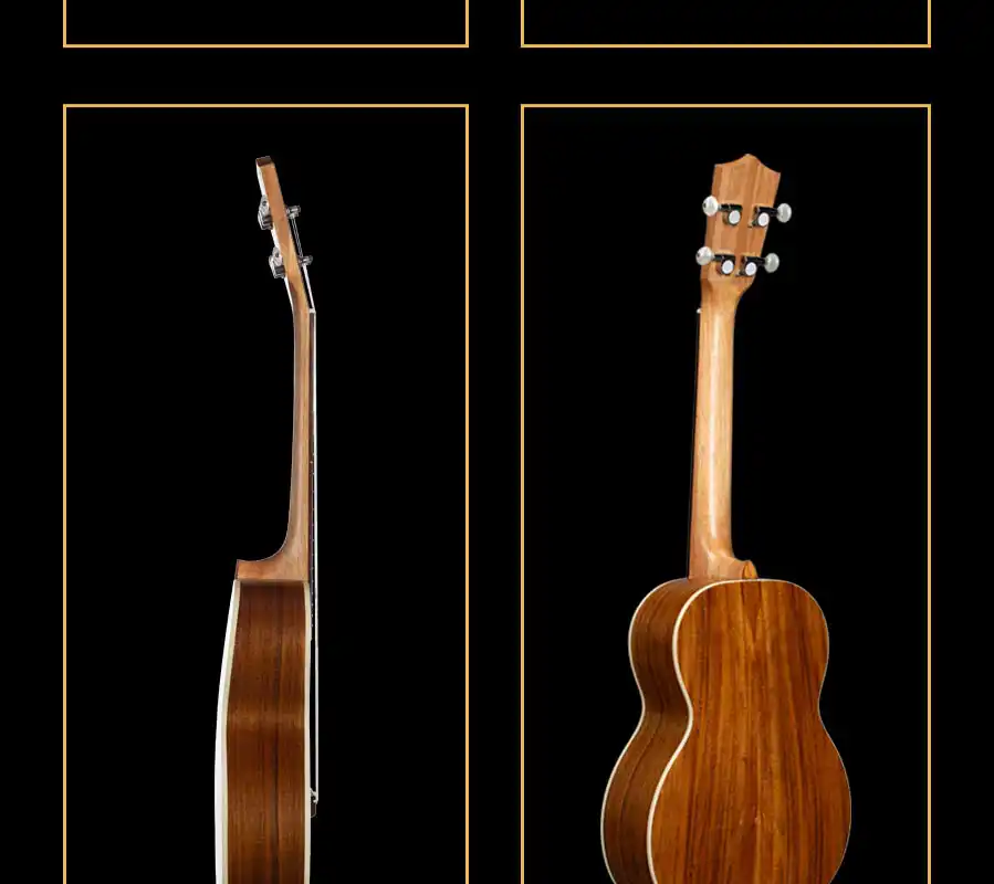 Acacia ukulele full back on white background, laminated acacia back and sides with mahogany neck, custom ukulele supplier