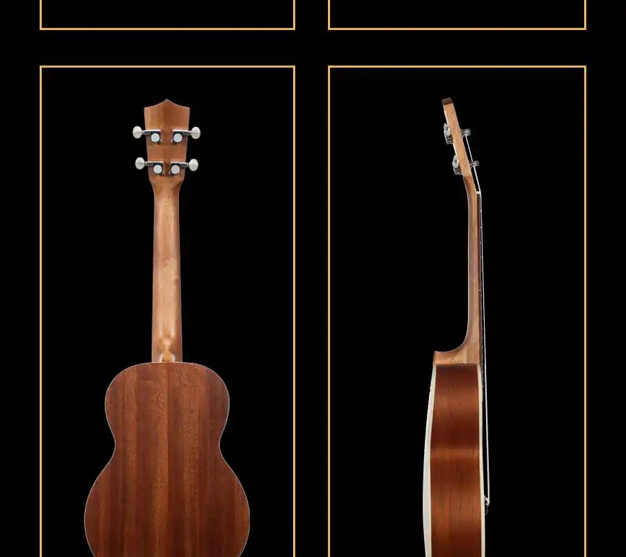 Ukulele back and side profile collage showing mahogany body and neck angle, B2B ukulele supplier