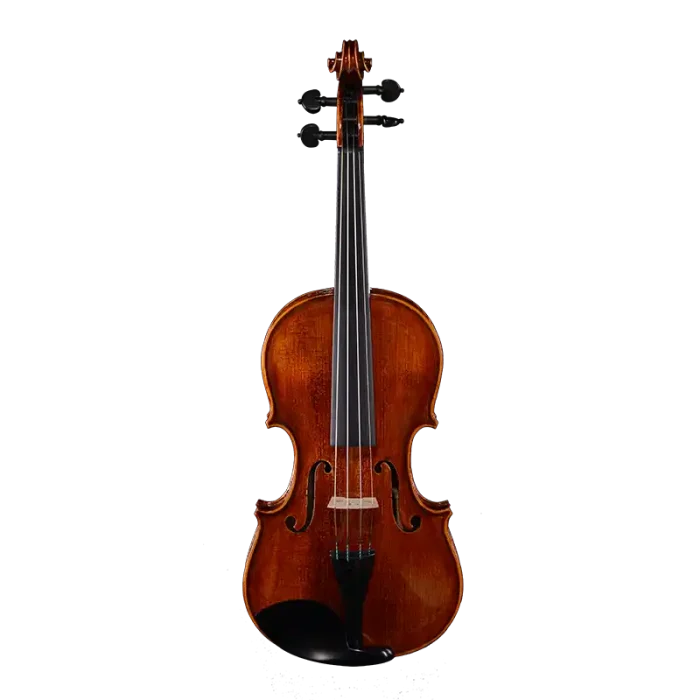 LV35 wholesale intermediate violin outfit front view with highly flamed maple and mother-of-pearl inlaid ebony fittings for factory direct B2B supply