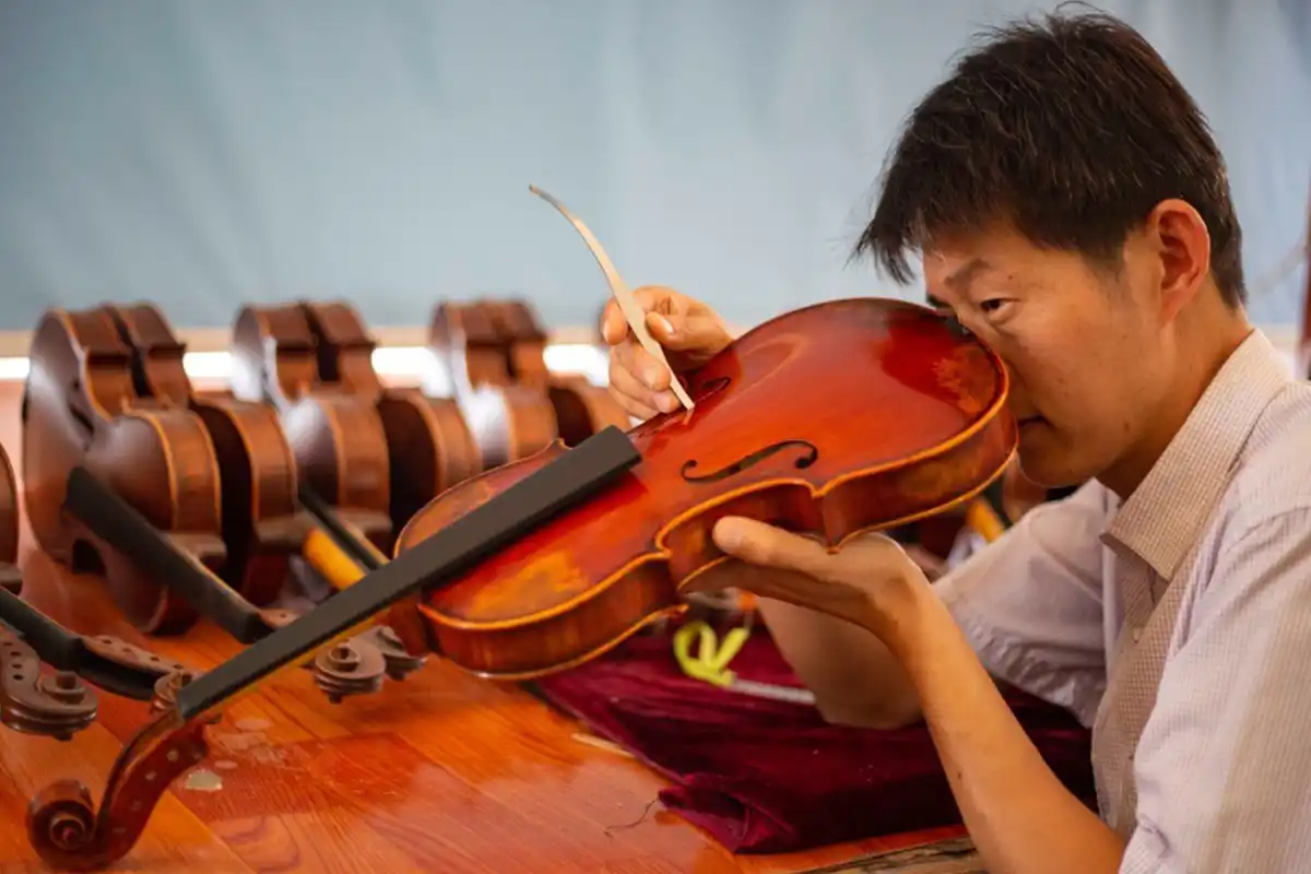 Violin family instrument quality control inspection before packing