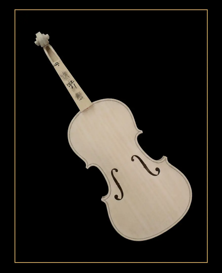 Angled front view of the unfinished solid wood violin model LVW-01, highlighting the spruce top and hand-carved body details. Wholesale factory direct supply for violin makers.