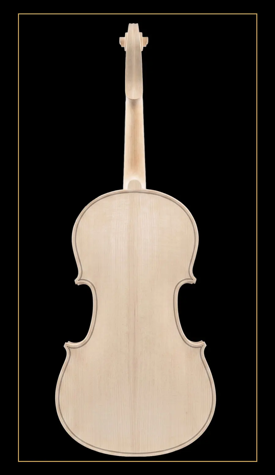 Detailed back view of the unfinished violin model LVW-01 in the white, featuring a two-piece maple back. Wholesale factory direct supply for luthiers.