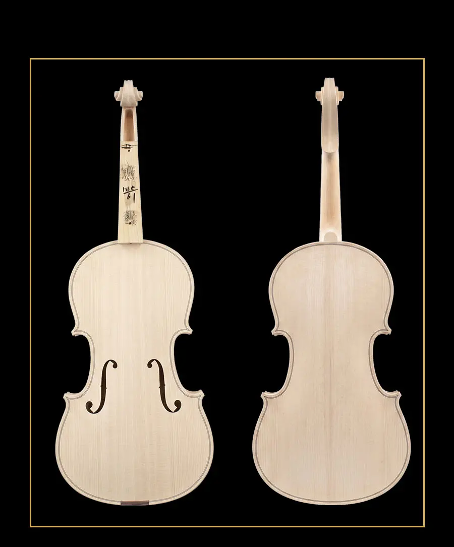 Side-by-side front and back view of the unfinished solid wood violin model LVW-01. Features a hand-carved spruce top and maple back in the white, factory-direct for wholesale.