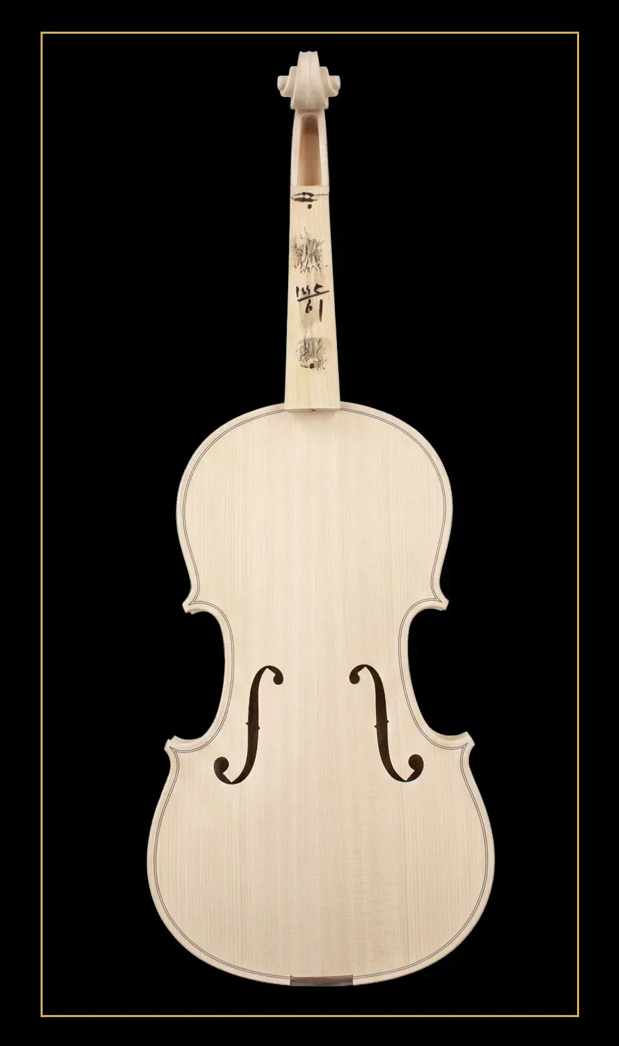 Detailed front view of unfinished violin model LVW-01 in the white, showing the hand-carved spruce top and F-holes. B2B factory direct supply for luthiers.