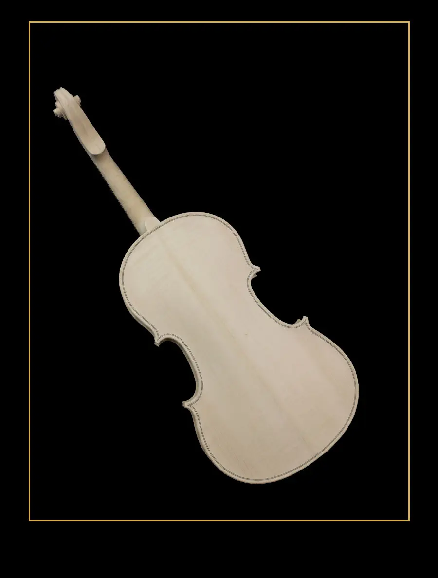Close-up side view of the hand-carved maple scroll and pegbox of the unfinished violin model LVW-01. Factory-direct B2B supply for violin makers.