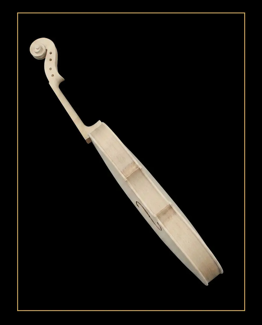 Side profile view of the unfinished solid wood violin model LVW-01, showing the maple ribs and neck angle. B2B factory direct wholesale for luthiers.