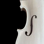 Close-up detail of the hand-carved F-hole and inlaid purfling on unfinished violin model LVW-03. Showcasing fine-grain spruce top and professional woodworking for luthier wholesale.