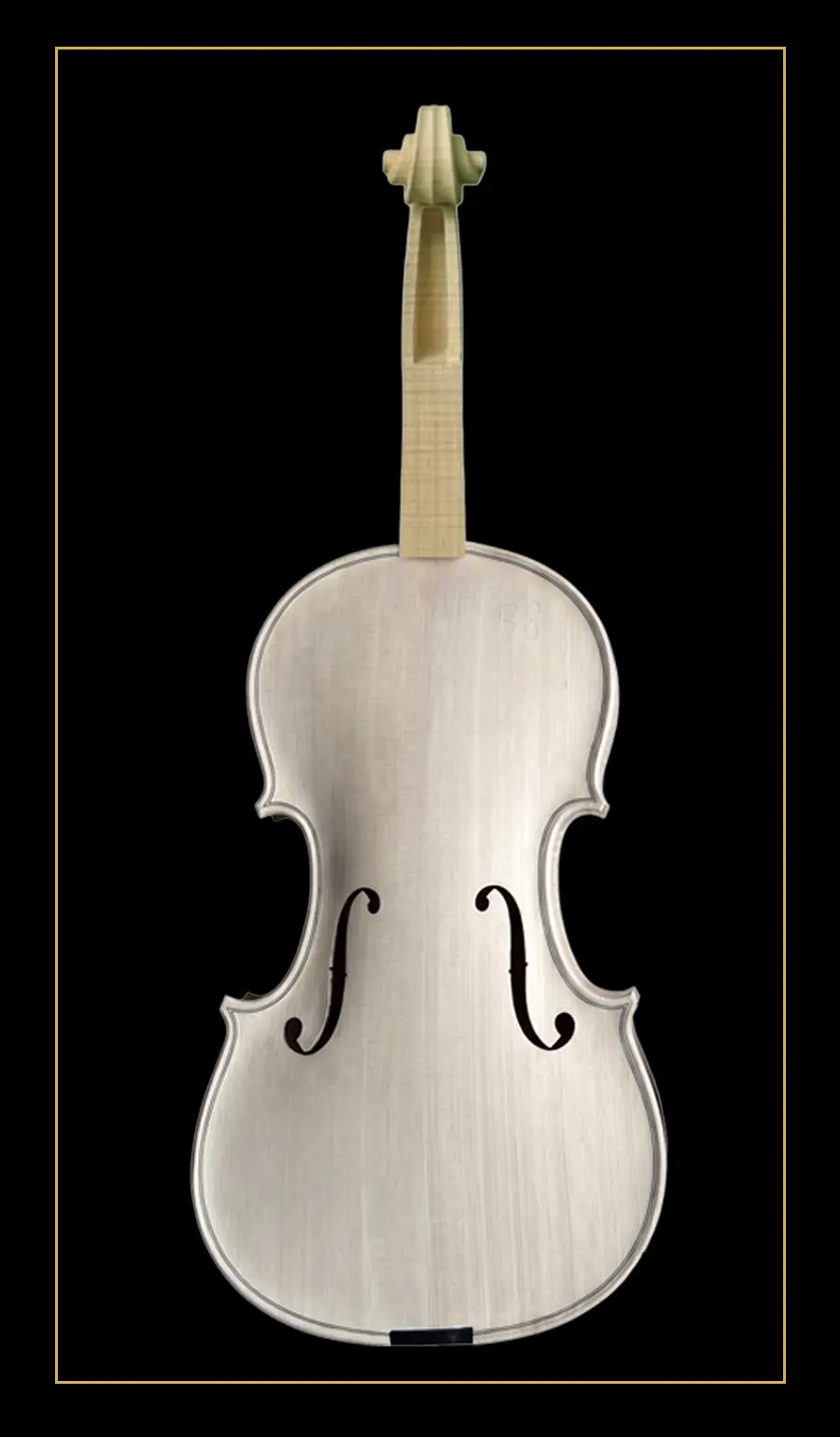 Framed front view of the premium unfinished violin model LVW-03. Showcasing the hand-carved spruce top and precise F-hole craftsmanship. Factory direct wholesale for professional workshops.