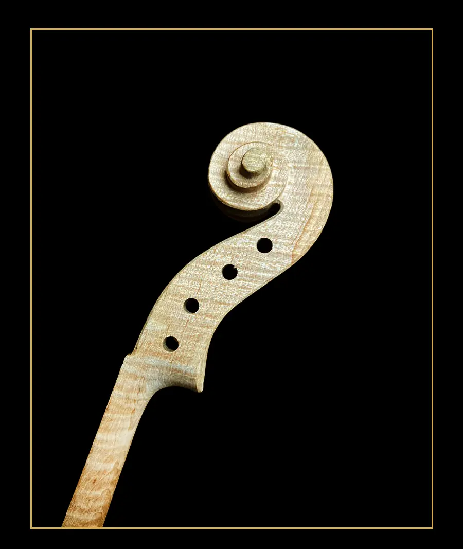 Close-up framed side view of the hand-carved flamed maple scroll and pegbox of unfinished violin model LVW-03. Premium solid wood luthier supply.