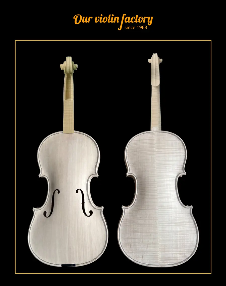 Professional side-by-side front and back view of the unfinished solid wood violin model LVW-03, featuring selected flamed maple back. Factory direct wholesale for luthiers since 1968.