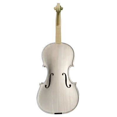 Front view of the unfinished solid wood violin model LVW-03 in the white. Hand-carved spruce top and maple neck, reliable factory direct wholesale for luthiers.