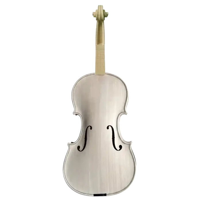 Front view of the unfinished solid wood violin model LVW-03 in the white. Hand-carved spruce top and maple neck, reliable factory direct wholesale for luthiers.