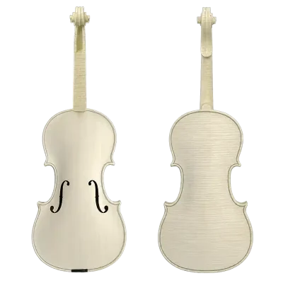 Unfinished white violin LVW08 with front and back views showing natural wood grain before varnishing for wholesale violin orders