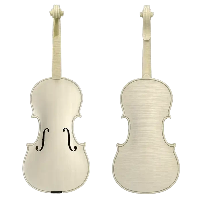 Unfinished white violin LVW08 with front and back views showing natural wood grain before varnishing for wholesale violin orders