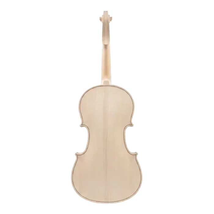 Back view of an unvarnished solid wood violin, showing the two-piece maple back structure. Factory direct supply for violin makers.