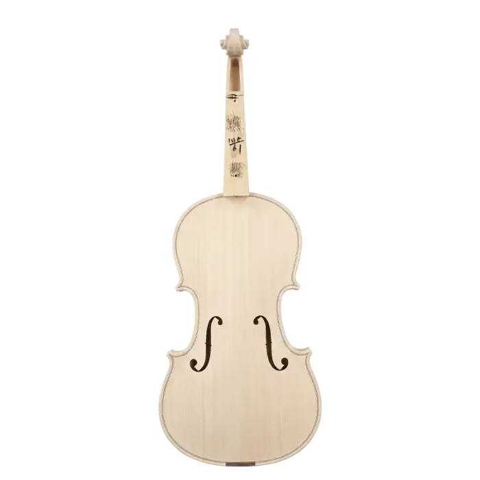 Front view of an unvarnished solid wood violin, displaying the hand-carved spruce top and F-holes. Factory direct wholesale for B2B buyers.